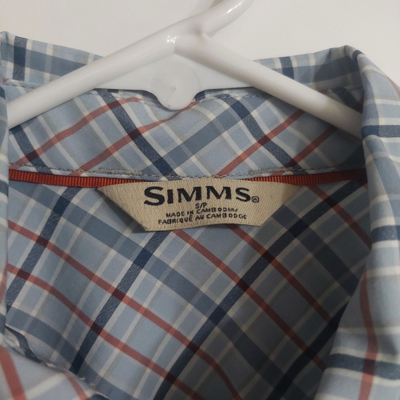 Simms Fishing Products Short Sleeve Button Down Shirt Blue Plaid Size S - Picture 2 of 5